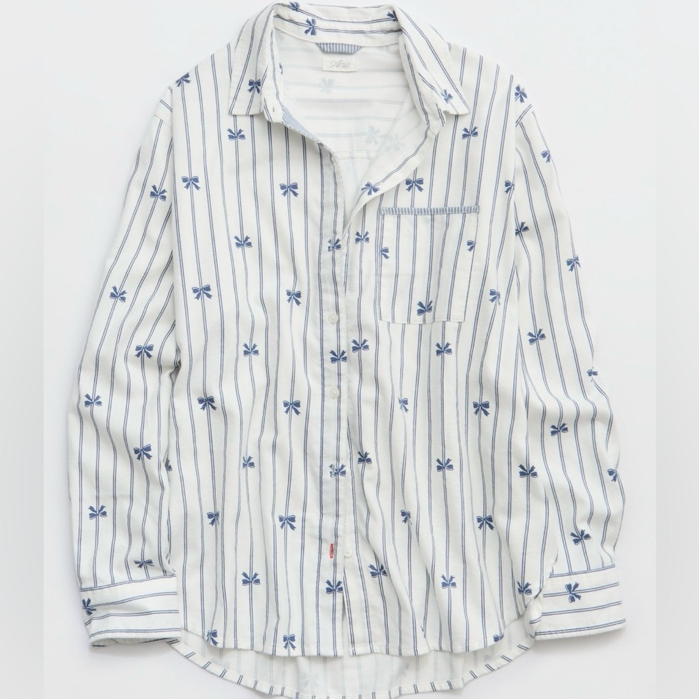 Aerie NWT Street Flannel Pajama Top, Marbled Blue color with bow design.